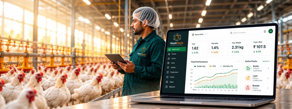 Poultry farm manager in a poultry house next to a laptop showing the MeshFlock dashboard